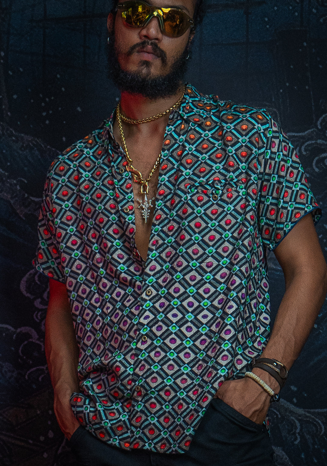 Shirt Men Half Sleeves / Viscose Diamond Weave- STRABERRY ICE